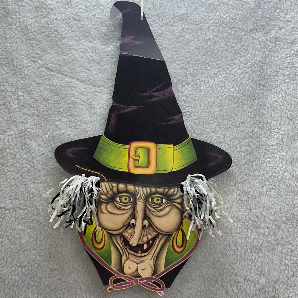 Vintage halloween 1988 Witch Die Cut paper two side 23" pom pom hair READ